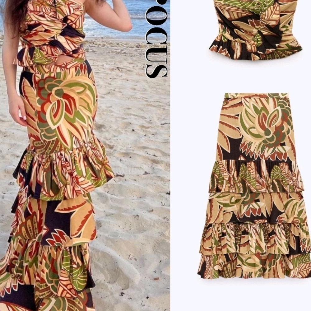 BRAND NEW WOMEN'S ZARA RUFFLE LAYERED LINEN MAXI SKIRT SIZE S $90 MULTICOLORED - Picture 3 of 6